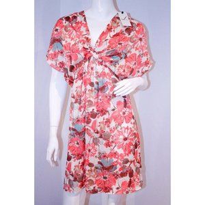 VERY J FLORAL Coral DRESS Gathered V-NECK Frill  SLEEVES Back ZIP M